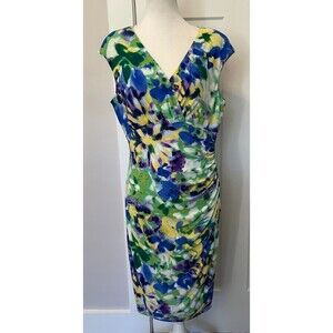 RALPH LAUREN Womens Knit DRESS Short Cap Sleeve GREEN Yellow Blue FLORAL Size 12